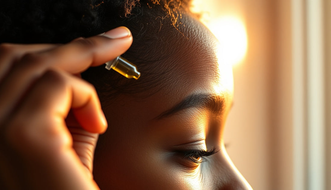 Black woman applying hair oil to thinning relaxer-damaged edges at her hairline