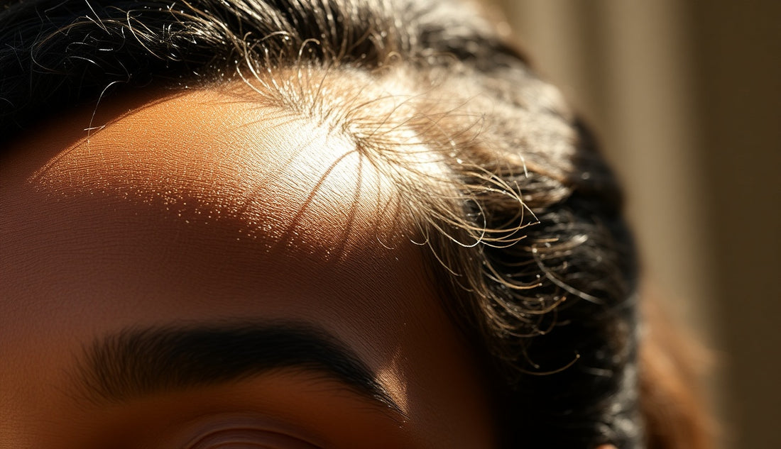 Close-up of a Black woman's thinning hairline showing fine baby hairs regrowing