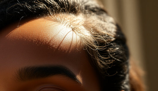 Close-up of a Black woman's thinning hairline showing fine baby hairs regrowing