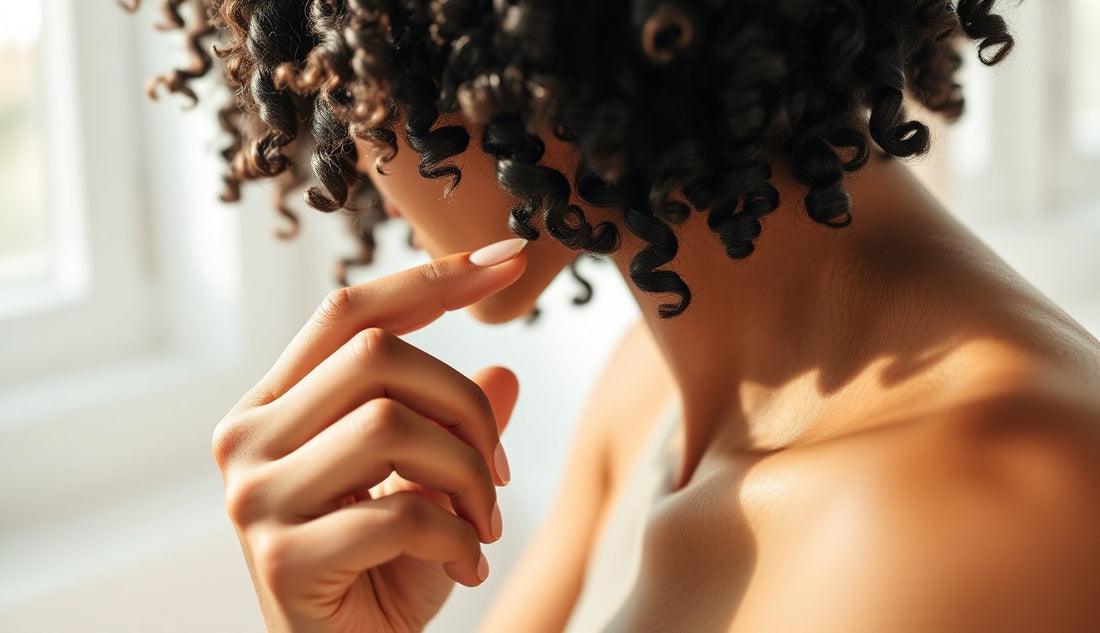Black woman applying minoxidil serum to thinning hairline edges in bathroom