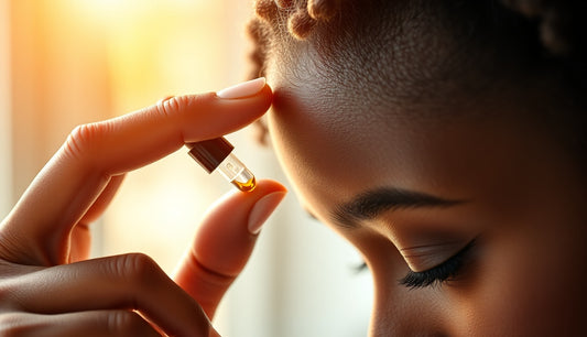 Black woman applying follicle stimulant serum to thinning hairline edges