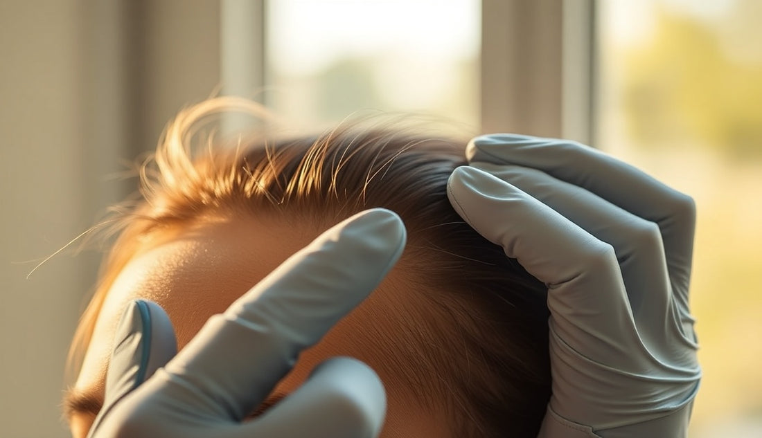 Dermatologist examining a woman's thinning hairline with a dermoscope