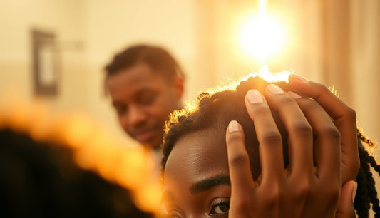 Black woman examining her natural hair edges in warm bathroom light