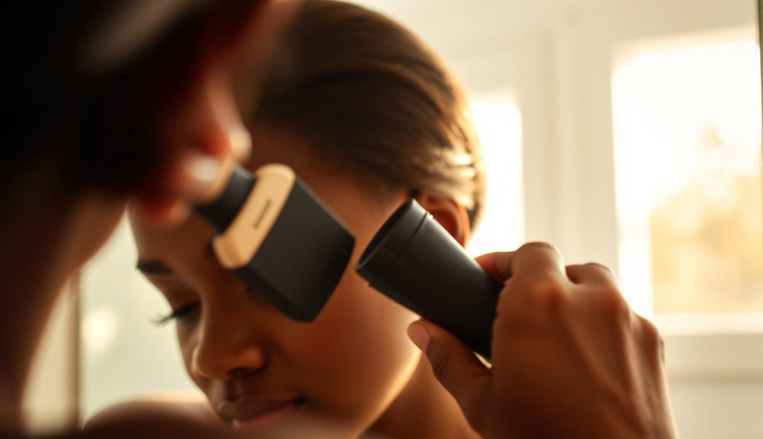 Black woman smoothing 4c hair edges with a brush at a sunlit mirror