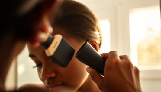 Black woman smoothing 4c hair edges with a brush at a sunlit mirror