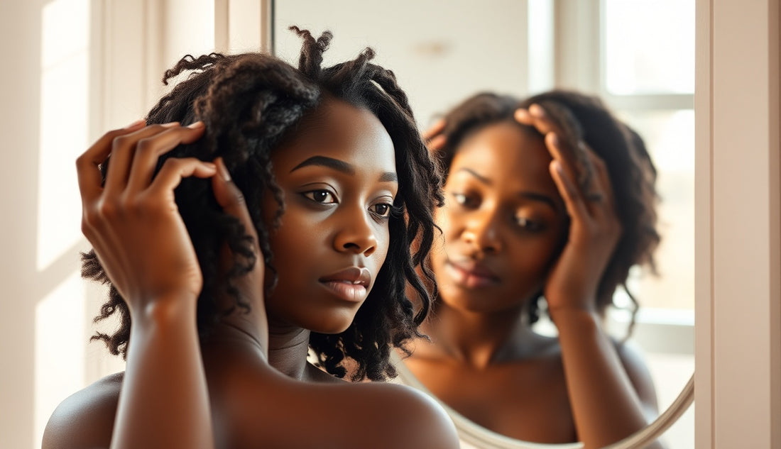 Black woman examining her hairline and edges in morning bathroom mirror