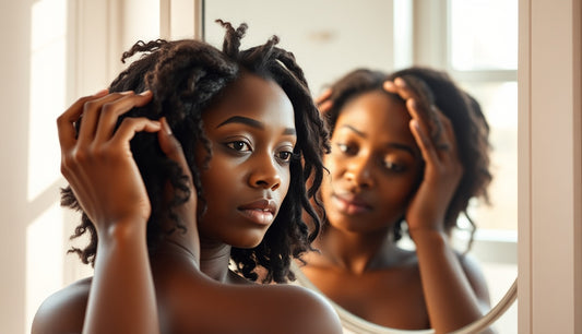 Black woman examining her hairline and edges in morning bathroom mirror
