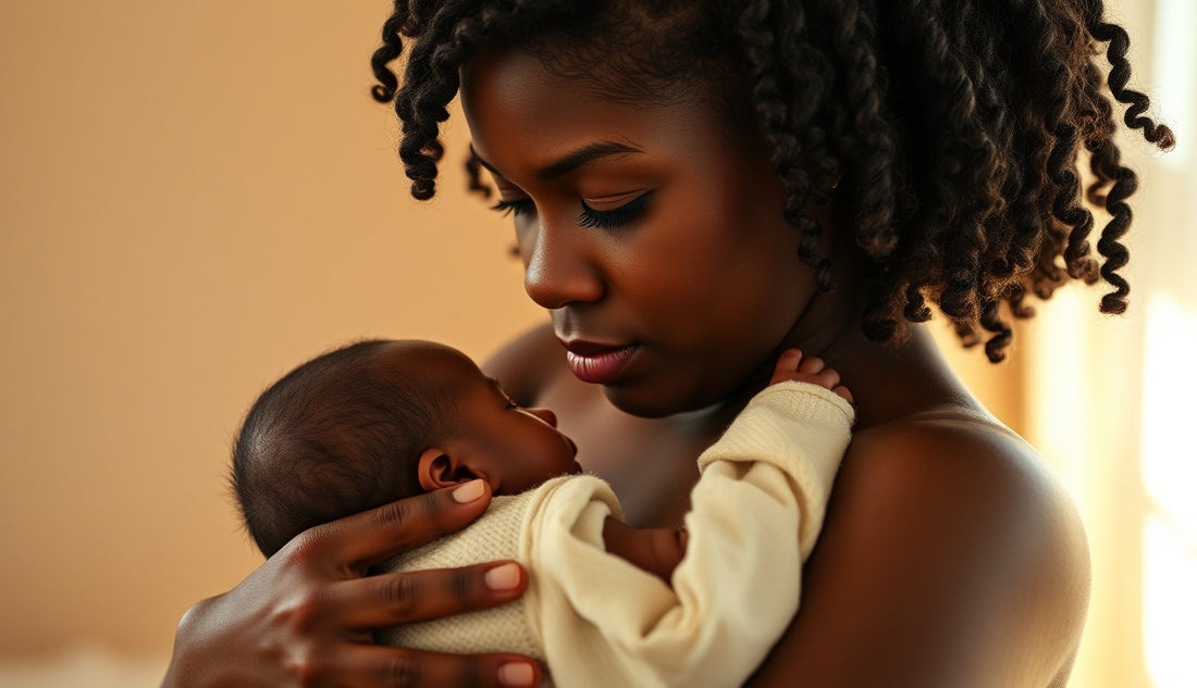 Black mother with natural hair holding newborn by a sunlit bedroom window