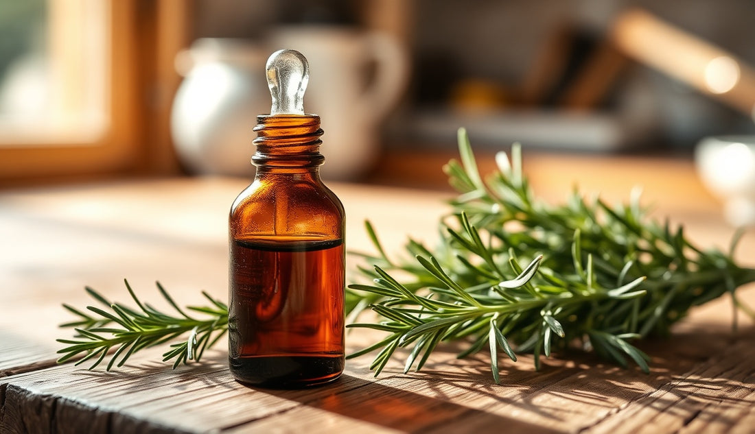 Amber dropper bottle of rosemary essential oil beside fresh rosemary sprigs for natural hair growth