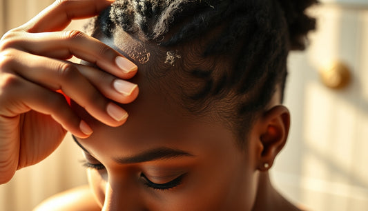 Black woman applying oil to thinning edges at her hairline in morning light