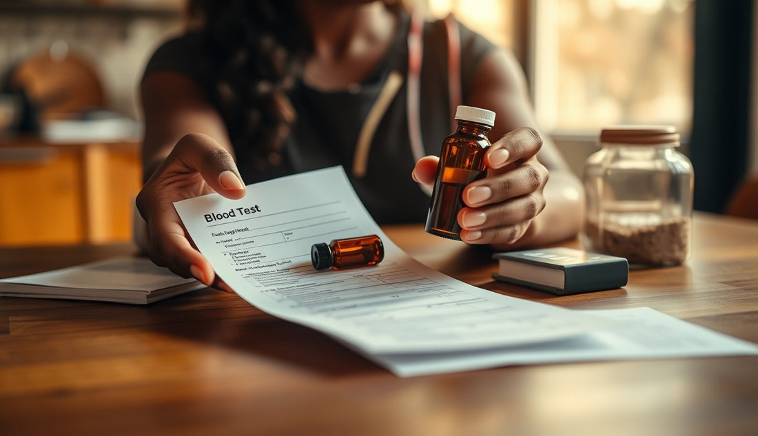 Black woman reviewing lab results and vitamin supplements for hair breakage care