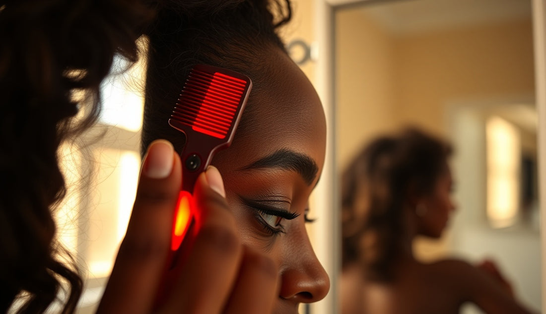 Black woman using a red light therapy comb on her thinning hairline edges