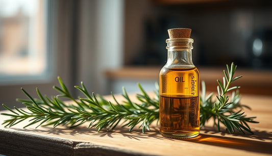 Glass bottle of rosemary oil beside fresh rosemary sprigs on a wooden surface
