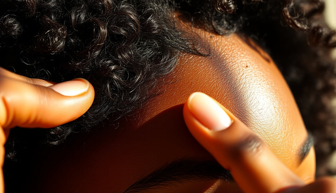 Black woman examining thinning hairline edges at her temple in natural light
