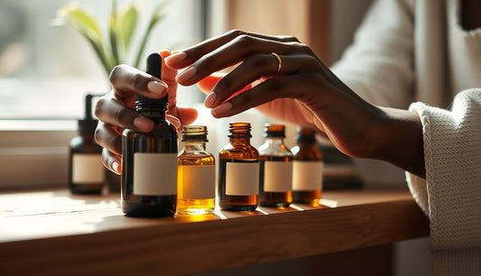 Black woman's hands with natural hair growth oils on wooden shelf