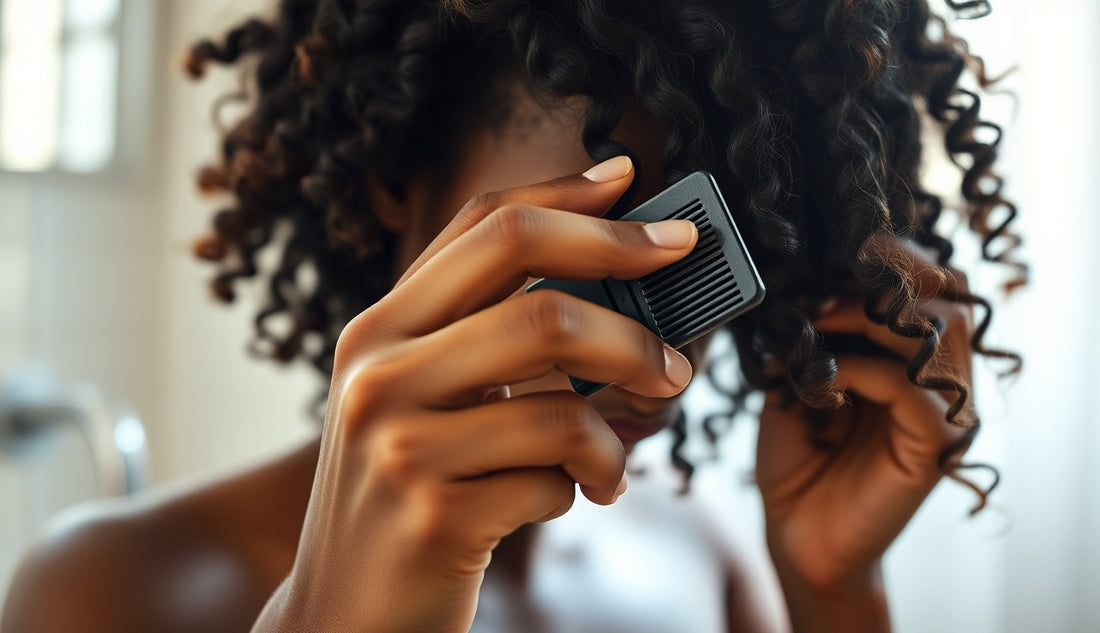 Black woman gently detangling natural coily hair with wide-tooth comb