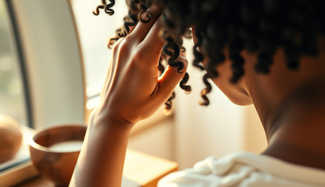Black woman finger-detangling natural 4c coils at a wooden vanity in morning light