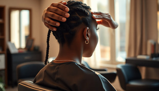 Braider gently parting a Black woman's edges at a salon chair
