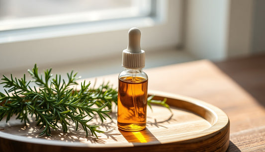 Glass dropper bottle of rosemary oil beside fresh rosemary sprigs on wood tray