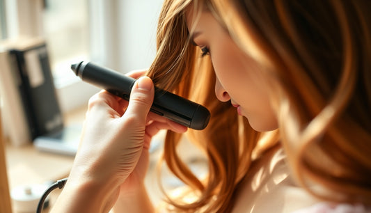 Woman carefully straightening her edges with a small flat iron at a wooden vanity