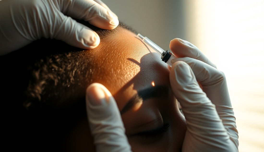 Black woman receiving PRP scalp injection at hairline in a dermatology clinic