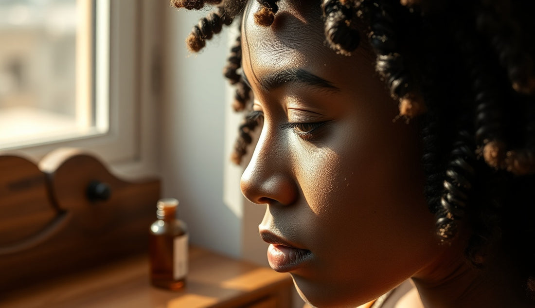 Close-up of natural coiled hair at the temples with a small bottle of hair oil