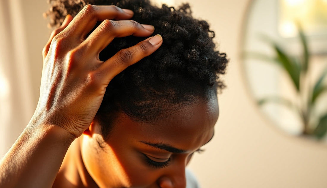 Black woman massaging her hairline with fingertips using natural scalp oil