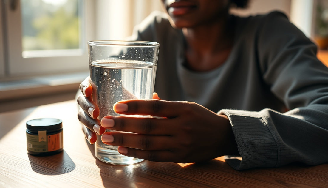 Black woman holding a prenatal vitamin tablet beside a glass of water in morning light