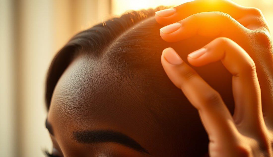 Black woman gently massaging her thinning temple edges in morning light