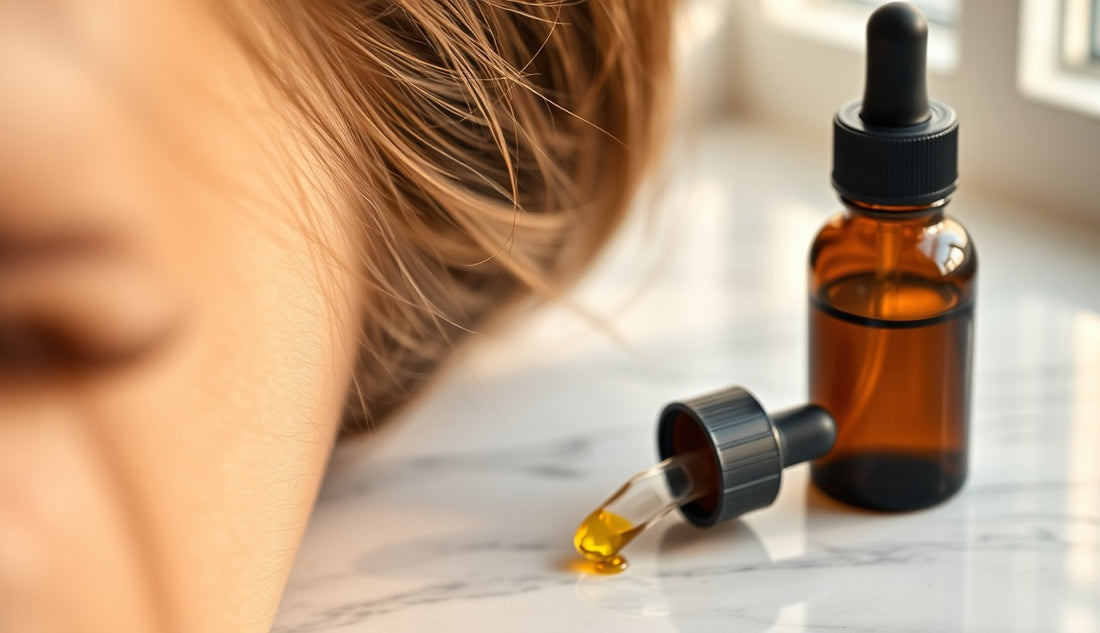 Woman's natural hairline with baby hairs and a glass dropper bottle of hair oil on marble