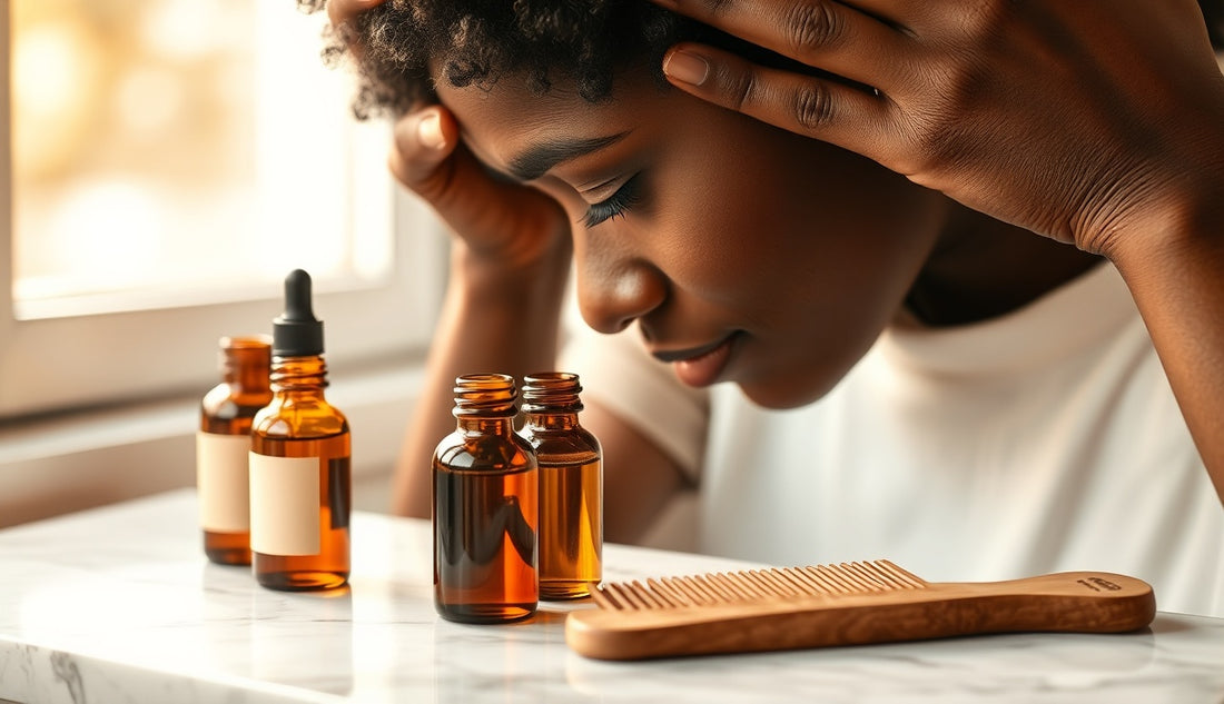Black woman massaging her temples and hairline for natural hair growth