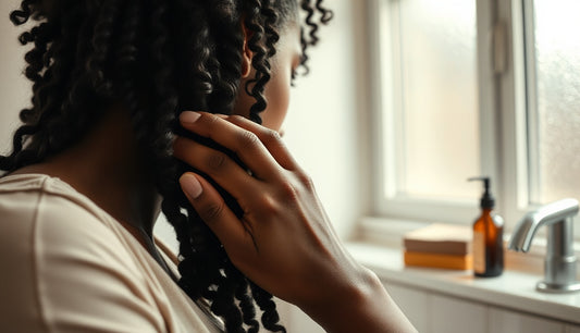 Black woman carefully finger-detangling dense 4c natural hair in bright morning light