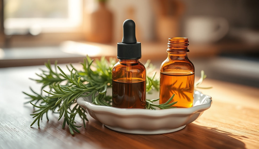 Rosemary oil in amber dropper bottle with fresh rosemary sprigs on wooden surface