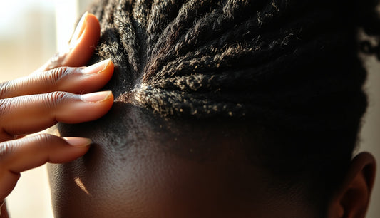 Close-up of a woman's textured hairline showing flaky, crusty edges near temples