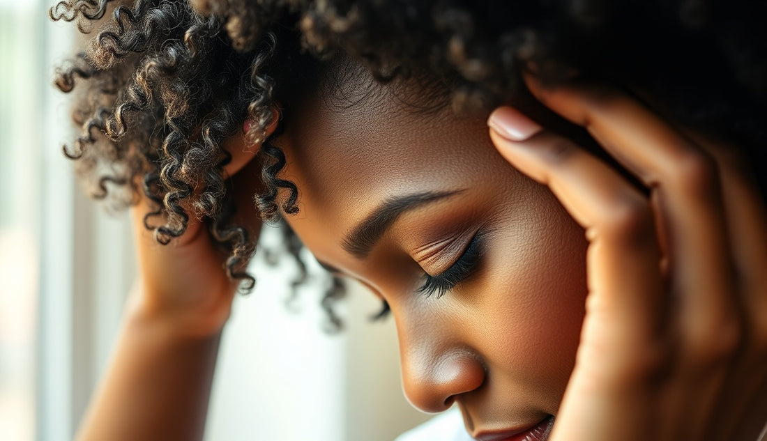 Black woman examining thinning edges near her temple in natural light