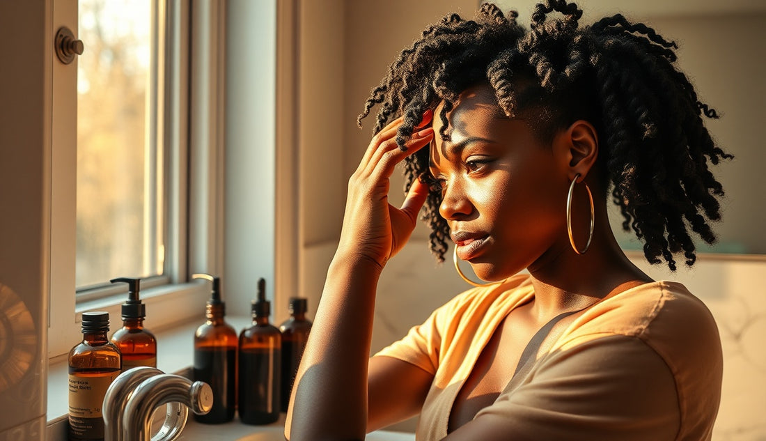 Black woman with 4c natural hair applying scalp oil at a bright bathroom mirror