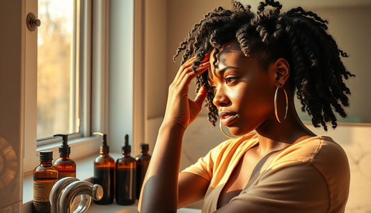 Black woman with 4c natural hair applying scalp oil at a bright bathroom mirror