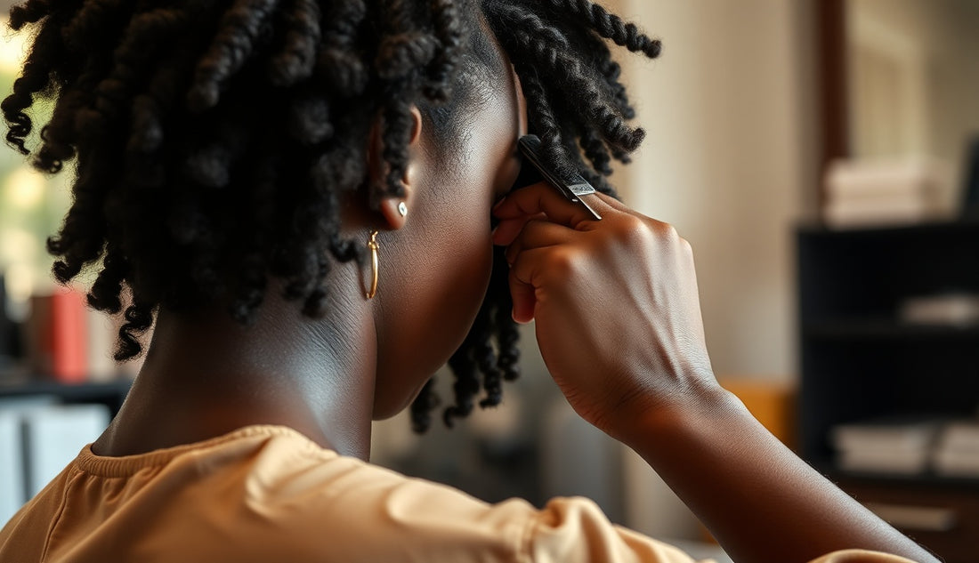 Hands sectioning textured natural hair at hairline before box braid installation