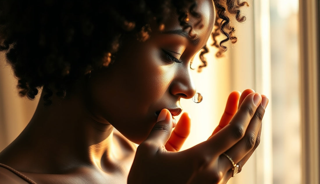 Woman applying oil to thinning edges along her hairline in morning light