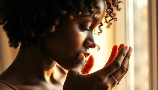Woman applying oil to thinning edges along her hairline in morning light