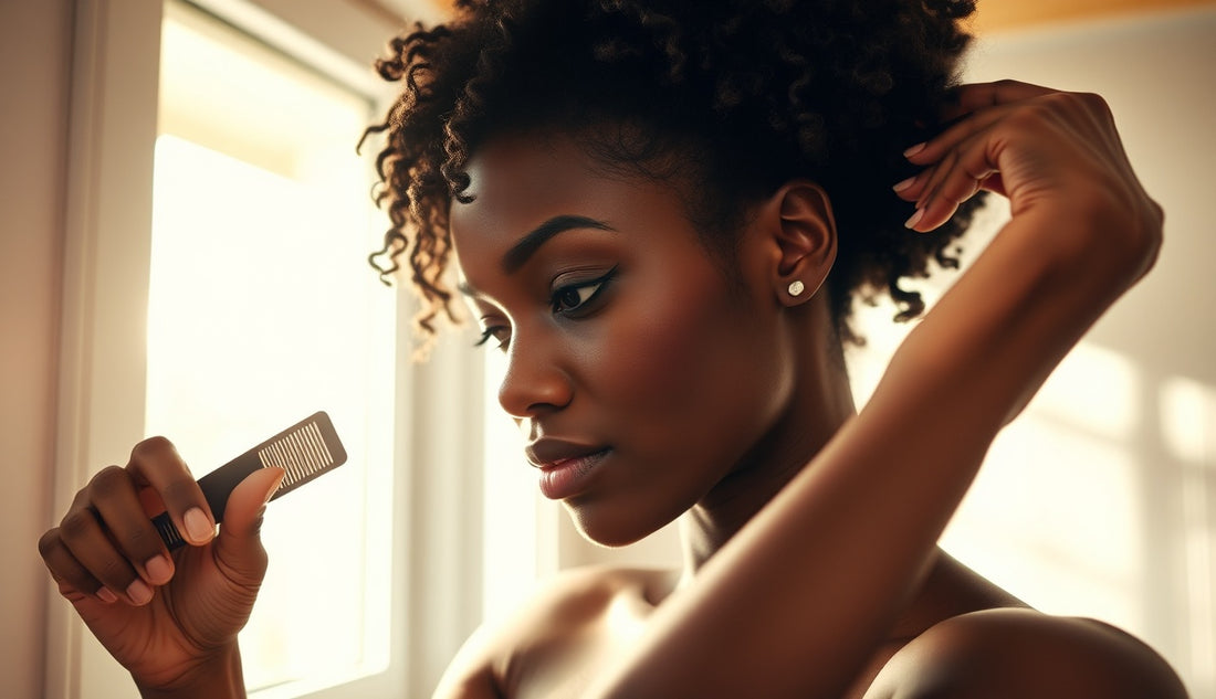 Black woman gently detangling her natural hairline edges near a sunlit window