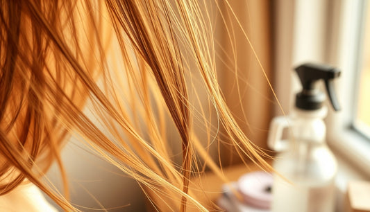 Fine textured edges at a woman's hairline with a flat iron on a vanity nearby