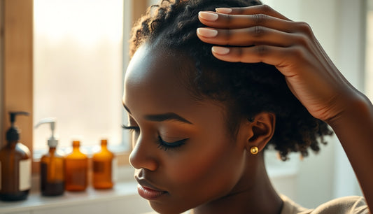 Black woman applying oil to thinning hairline edges in morning light