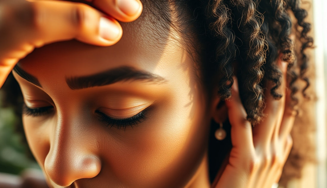 Black woman gently applying oil to thinning hairline edges in natural light