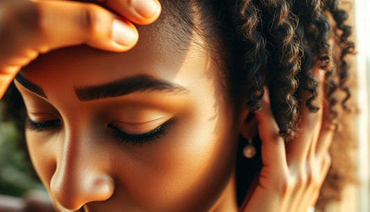 Black woman gently applying oil to thinning hairline edges in natural light