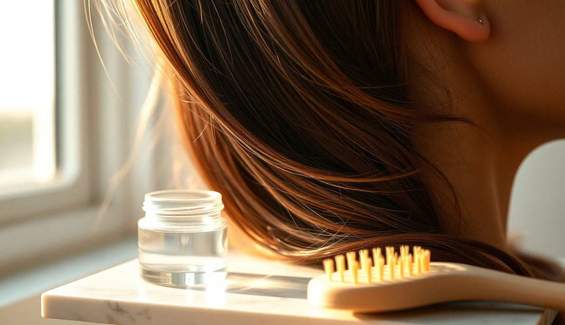 Woman's textured hairline with edge styling tools on marble surface