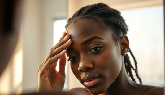 Black woman examining thinning edges at her temple in bathroom mirror