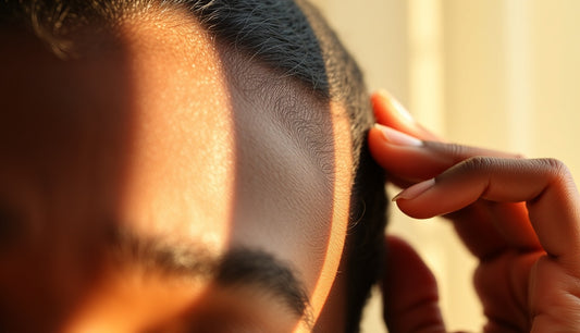 Black woman examining thinning edges at hairline in morning light