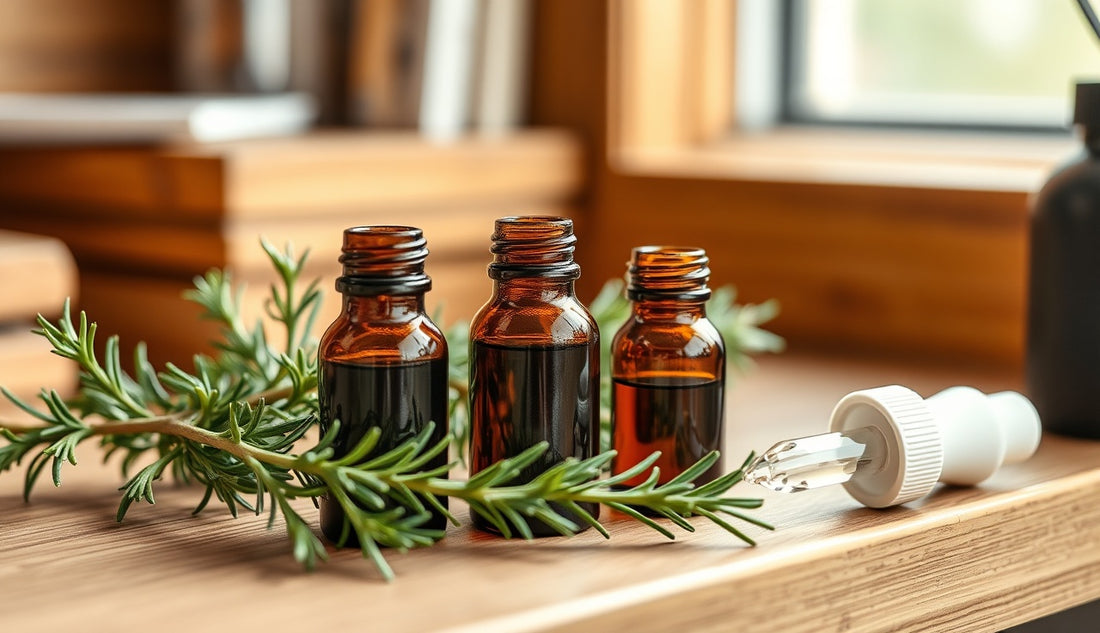 Dark amber glass bottles of rosemary oil next to fresh rosemary sprigs on wood shelf