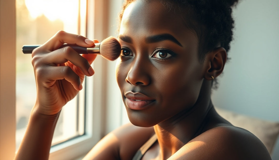 Woman with dark skin applying hairline powder to thinning edges near temple